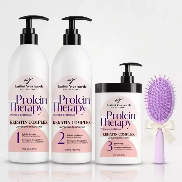 Dreifach starke Proteintherapie für das Haar: Shampoo (1000 g), Conditioner (1000 g) und Maske (1000 g) + Glättungsbürste als Geschenk