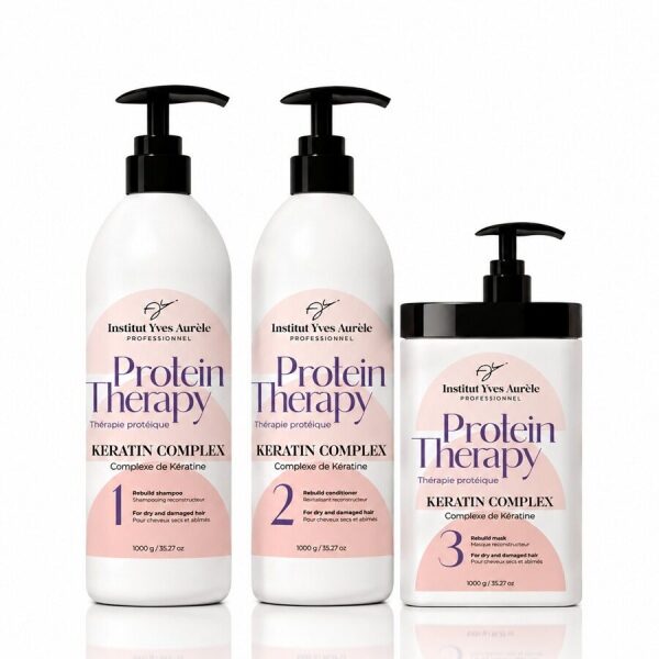 Dreifach starke Proteintherapie für das Haar: Shampoo (1000 g), Conditioner (1000 g) und Maske (1000 g) + Glättungsbürste als Geschenk
